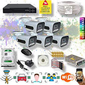 5 Kameralı Set - Yapay Zeka Özellikli Gece Renkli Gösteren 5 Mp Lensli 1080P FullHD Güvenlik Kamerası Seti 784w-108
