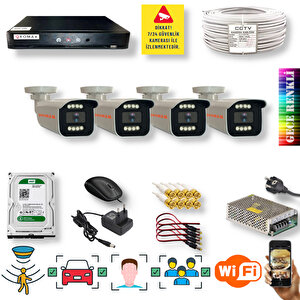 4 Kameralı Set - Yapay Zeka Özellikli İnsan Yüz Araç Tanımalı Gece Renkli Gösteren 5 Mp Sony Lensli 8 Warm Ledli Fullhd Güvenlik Kamerası Seti 908w-114