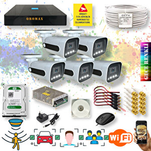5 Kameralı Set - Yapay Zeka Özellikli Gece Renkli Gösteren 5 Mp Lensli 1080P FullHD Güvenlik Kamerası Seti 784w-9008