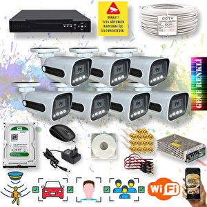 7 Kameralı Set - Yapay Zeka Özellikli Gece Renkli Gösteren 5 Mp Lensli 1080P FullHD Güvenlik Kamerası Seti 784w-108