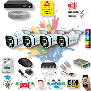 4 Kameralı IP Set - Yapay Zeka Özellikli Gece Renkli Gösteren Sesli 6 Warm Ledli 4K FULLHD IP Güvenlik Kamerası Seti 4386WS