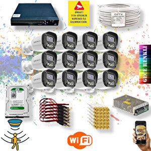 12 Kameralı Set - Gece Renkli Gösteren Hareket Algılayan 5MP SONY Lensli 4 Ultra Warm Ledli FULLHD Güvenlik Kamerası Seti 2304W-9016