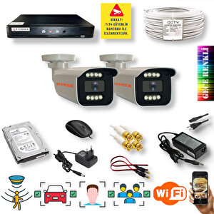2 Kameralı Set - Yapay Zeka Özellikli İnsan Yüz Araç Tanımalı Gece Renkli Gösteren 5 Mp Sony Lensli 8 Warm Ledli Fullhd Güvenlik Kamerası Seti 908w-114