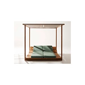 Uctos    2 Kişilik Ahşap Dekoratif Şezlong Dış Mekan Perdeli Havuz Başı Çatılı Daybed Şezlong