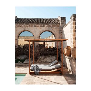 Uctos    2 Kişilik Ahşap Dekoratif Şezlong Dış Mekan Perdeli Havuz Başı Çatılı Daybed Şezlong
