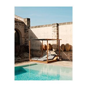 Uctos    2 Kişilik Ahşap Dekoratif Şezlong Dış Mekan Perdeli Havuz Başı Çatılı Daybed Şezlong