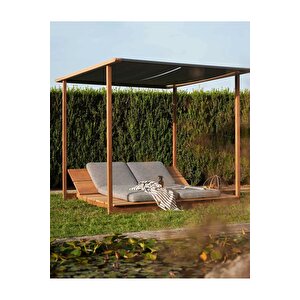 Uctos    2 Kişilik Ahşap Dekoratif Şezlong Dış Mekan Perdeli Havuz Başı Çatılı Daybed Şezlong