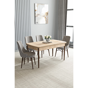Zümra Serisi, Meşe Desen 80x132 Açılabilir Mdf Mutfak Masası Takımı 4 Adet Sandalye Gri