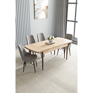 Zümra Serisi, Meşe Desen 80x132 Açılabilir Mdf Mutfak Masası Takımı 4 Adet Sandalye Gri