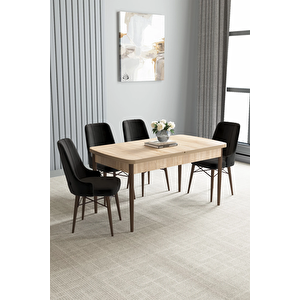 Zümra Serisi, Meşe Desen 80x132 Açılabilir Mdf Mutfak Masası Takımı 4 Adet Sandalye Siyah
