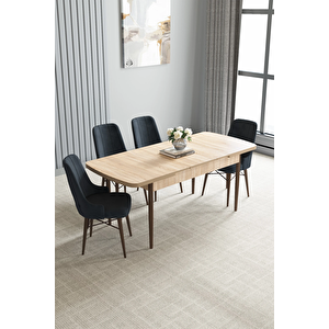Zümra Serisi, Meşe Desen 80x132 Açılabilir Mdf Mutfak Masası Takımı 4 Adet Sandalye Antrasit