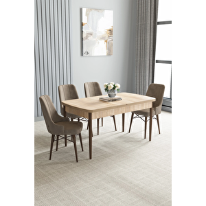 Zümra Serisi, Meşe Desen 80x132 Açılabilir Mdf Mutfak Masası Takımı 4 Adet Sandalye Cappucino