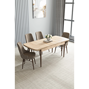 Zümra Serisi, Meşe Desen 80x132 Açılabilir Mdf Mutfak Masası Takımı 4 Adet Sandalye Cappucino