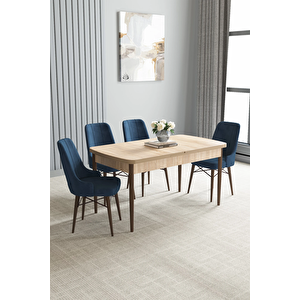 Zümra Serisi, Meşe Desen 80x132 Açılabilir Mdf Mutfak Masası Takımı 4 Adet Sandalye Lacivert