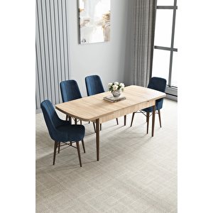 Zümra Serisi, Meşe Desen 80x132 Açılabilir Mdf Mutfak Masası Takımı 4 Adet Sandalye Lacivert
