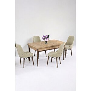 Zümra Serisi, Meşe Desen 80x132 Açılabilir Mdf Mutfak Masası Takımı 4 Adet Sandalye Krem