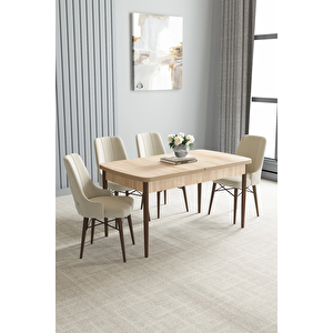 Zümra Serisi, Meşe Desen 80x132 Açılabilir Mdf Mutfak Masası Takımı 4 Adet Sandalye Krem