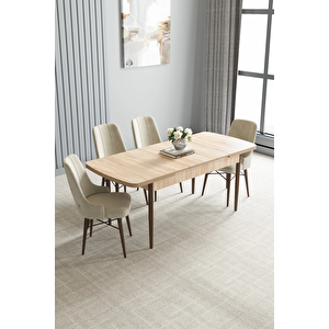 Zümra Serisi, Meşe Desen 80x132 Açılabilir Mdf Mutfak Masası Takımı 4 Adet Sandalye Krem