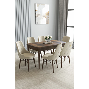 Zümra Serisi, Barok Desen 80x132 Açılabilir Mdf Yemek Masası Takımı 6 Adet Sandalye Krem
