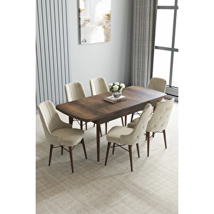 Zümra Serisi, Barok Desen 80x132 Açılabilir Mdf Yemek Masası Takımı 6 Adet Sandalye Krem