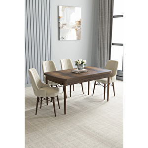 Zümra Serisi, Barok Desen 80x132 Açılabilir Mdf Mutfak Masası Takımı 4 Adet Sandalye Krem