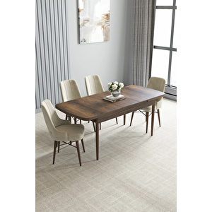 Zümra Serisi, Barok Desen 80x132 Açılabilir Mdf Mutfak Masası Takımı 4 Adet Sandalye Krem