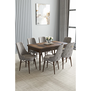 Zümra Serisi, Barok Desen 80x132 Açılabilir Mdf Yemek Masası Takımı 6 Adet Sandalye Gri