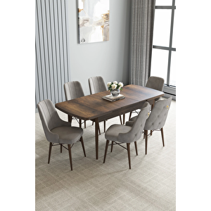 Zümra Serisi, Barok Desen 80x132 Açılabilir Mdf Yemek Masası Takımı 6 Adet Sandalye Gri