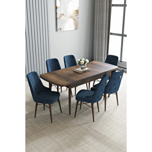 Zümra Serisi, Barok Desen 80x132 Açılabilir Mdf Yemek Masası Takımı 6 Adet Sandalye Lacivert