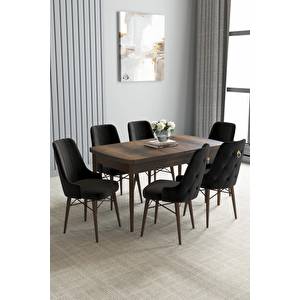 Zümra Serisi, Barok Desen 80x132 Açılabilir Mdf Yemek Masası Takımı 6 Adet Sandalye Siyah