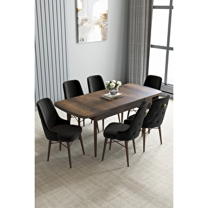 Zümra Serisi, Barok Desen 80x132 Açılabilir Mdf Yemek Masası Takımı 6 Adet Sandalye Siyah