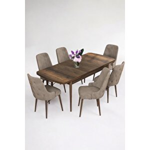 Zümra Serisi, Barok Desen 80x132 Açılabilir Mdf Yemek Masası Takımı 6 Adet Sandalye Cappucino