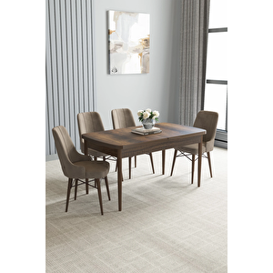 Zümra Serisi, Barok Desen 80x132 Açılabilir Mdf Mutfak Masası Takımı 4 Adet Sandalye Cappucino