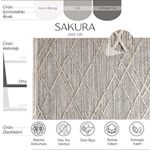 Sakura 2204 Gri Hav Toz Vermez Etnik Desenli Modern Dokuma Bukleli Salon Halısı 120x500 cm