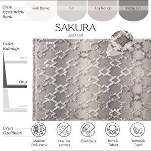 Sakura 2203 Gri Hav Toz Vermez Etnik Desenli Modern Dokuma Bukleli Salon Halısı 120x180 cm