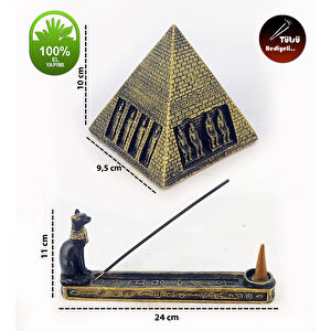 Antik Mısır Serisi Kutsal Kedi Çubuk Ve Konik Tütsülük, Piramit Biblo Altın