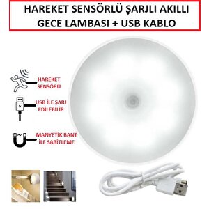 Gece Lambası Hareket Sensörlü Akıllı Usb Şarjlı Led Işık Lamba Ev Oda Mutfak Dolap Işığı