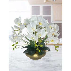 Yapay Çiçek 5li Beyaz Islak Orkide Metal Yuvarlak Eski Gold Vazoda Orkide 50cm