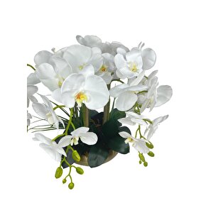 Yapay Çiçek 5li Beyaz Islak Orkide Metal Yuvarlak Eski Gold Vazoda Orkide 50cm