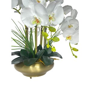 Yapay Çiçek 5li Beyaz Islak Orkide Metal Yuvarlak Eski Gold Vazoda Orkide 50cm