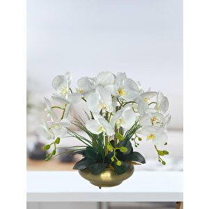 Yapay Çiçek 5li Beyaz Islak Orkide Metal Yuvarlak Eski Gold Vazoda Orkide 50cm