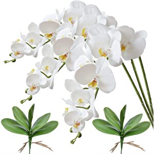 3lü Set Yapay Çiçek Islak Orkide Ve 2 Adet Orkide Yaprağı Gerçeksi Doku Uzun Dal 90cm