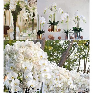 3lü Set Yapay Çiçek Islak Orkide Ve 2 Adet Orkide Yaprağı Gerçeksi Doku Uzun Dal 90cm