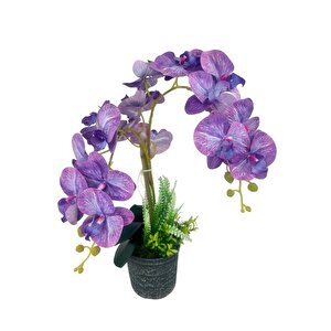 Yapay Çiçek 2li Lila Damarlı Islak Orkide Seramik Saksıda Orkide 60cm