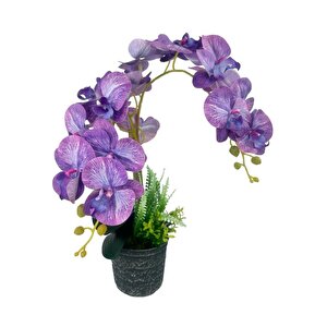 Yapay Çiçek 2li Lila Damarlı Islak Orkide Seramik Saksıda Orkide 60cm