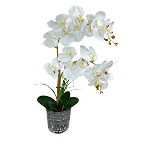 Yapay Çiçek 2li Beyaz Islak Orkide Seramik Saksıda Orkide 60cm