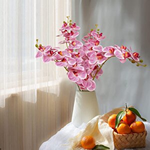 4lü Set Yapay Çiçek Pembe Islak Orkide Ve 2 Adet Orkide Yaprağı Gerçeksi Doku Uzun Dal 90cm