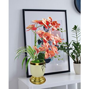 Yapay Çiçek 3lü Somon Orkide Metal Krem Gold Saksıda Orkide 60cm