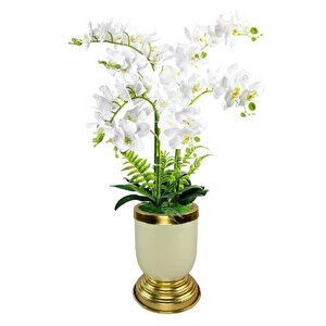 Yapay Çiçek 6lı Beyaz Orkide Metal Krem Gold Saksıda Orkide 60cm