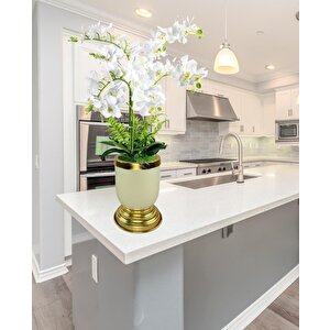 Yapay Çiçek 6lı Beyaz Orkide Metal Krem Gold Saksıda Orkide 60cm